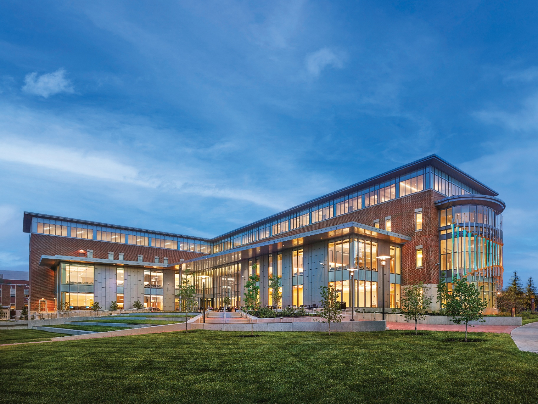 Rowan University Business Hall at dusk